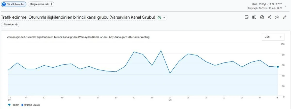 Google Analytics 4 organik arama oturumları günlük grafiği