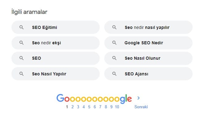 Google arama sayfasındaki en alt bölüm ile ilgili arama kelimelerini bulmak
