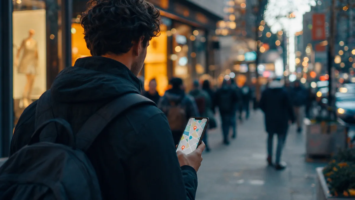 Elinde telefonla haritada konum arayan bir kişi, arka planda şehir caddesi