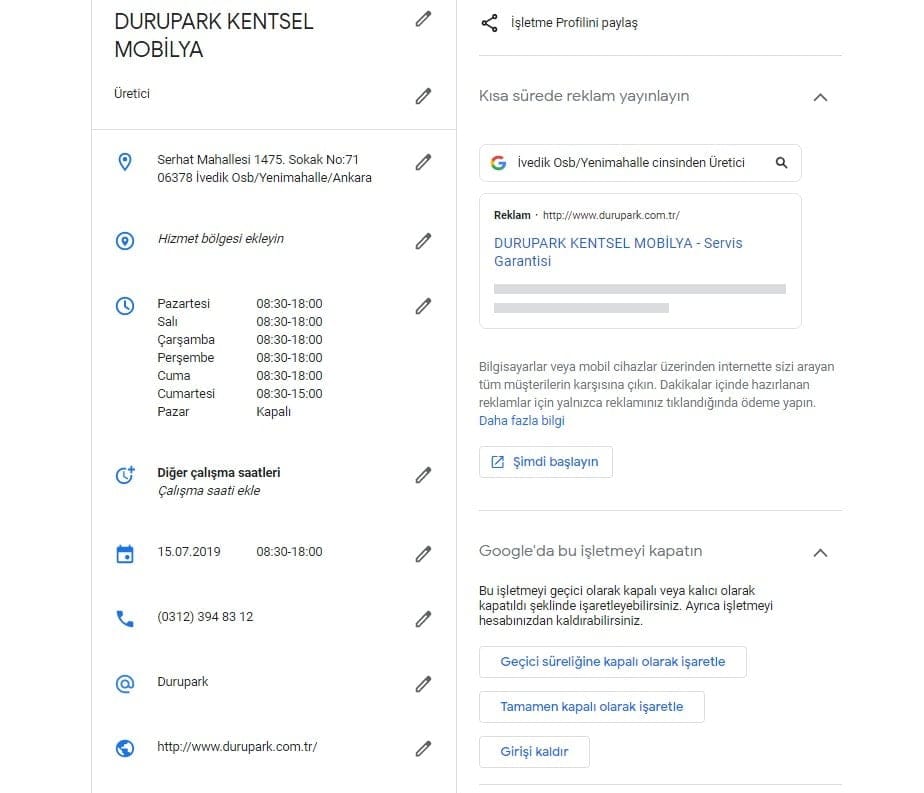 Google Benim İşletmem Alıntı Alanları