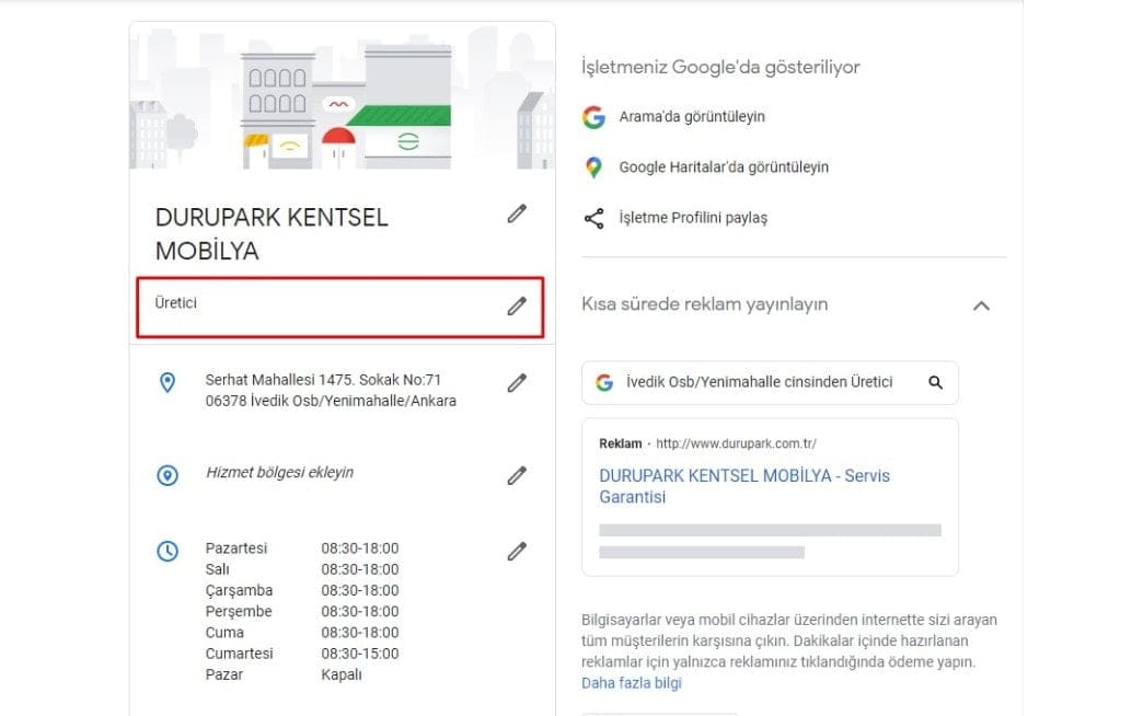 Google My Business Kategori Ekleme Alanı