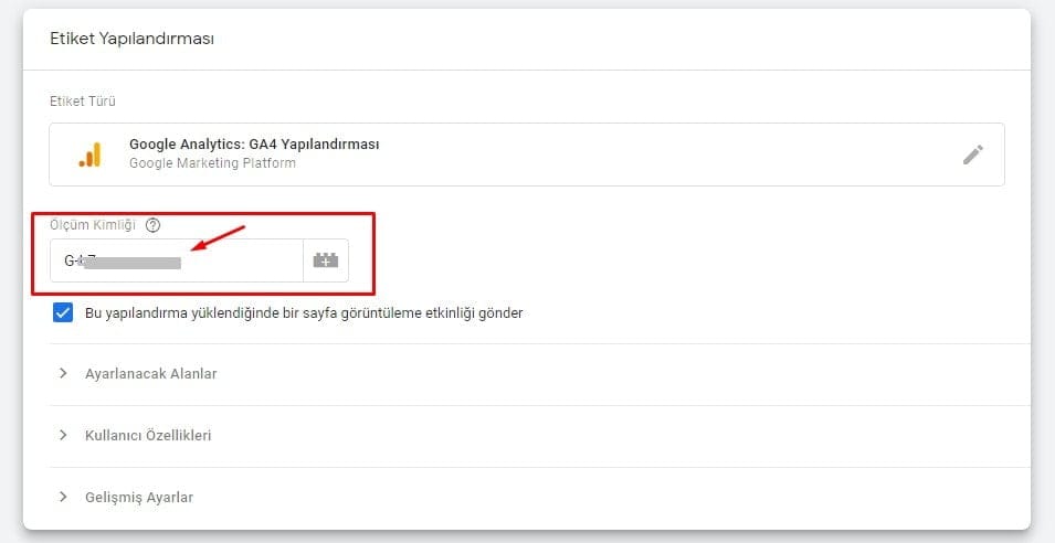 Google Analytics Ölçüm Kimliği Giriş Alanı