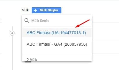 Google Analytics Mülk Seçimi