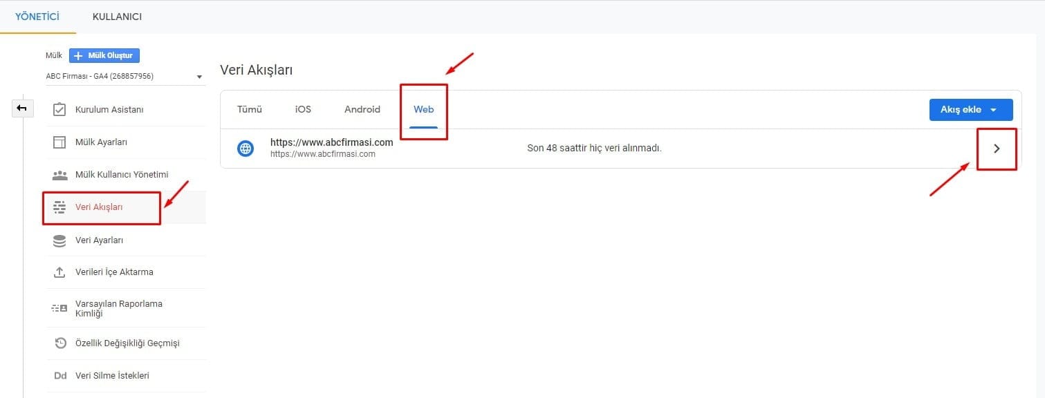 GA4 Veri Akışları Web Bölümü