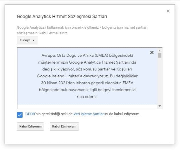 Google Analytics Hizmet Sözleşmesi