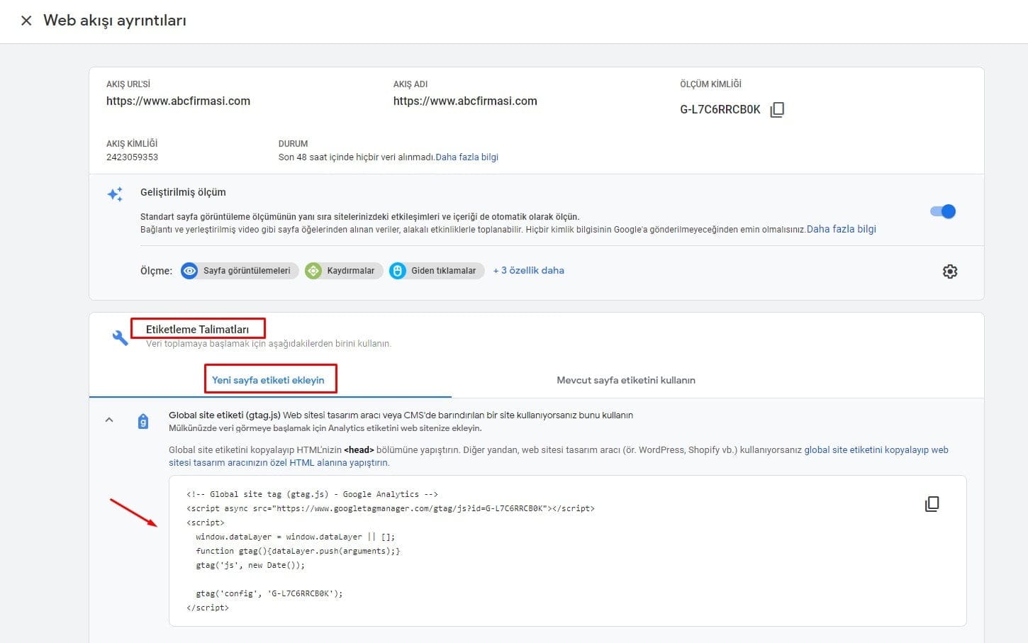 GA4 Etiketleme Talimatları, Yeni Sayfa Etiketi