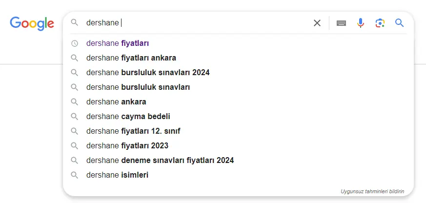 Google Arama Önerileri Listesi Örnek Görünüm