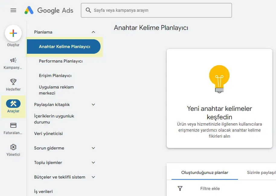 Google Ads Anahtar Kelime Planlayıcı Ekran Görünümü