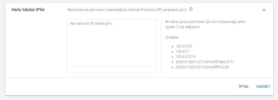 Google Ads Hariç Tutulan IP Giriş Alanı